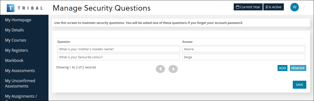 Manage Security Questions screen